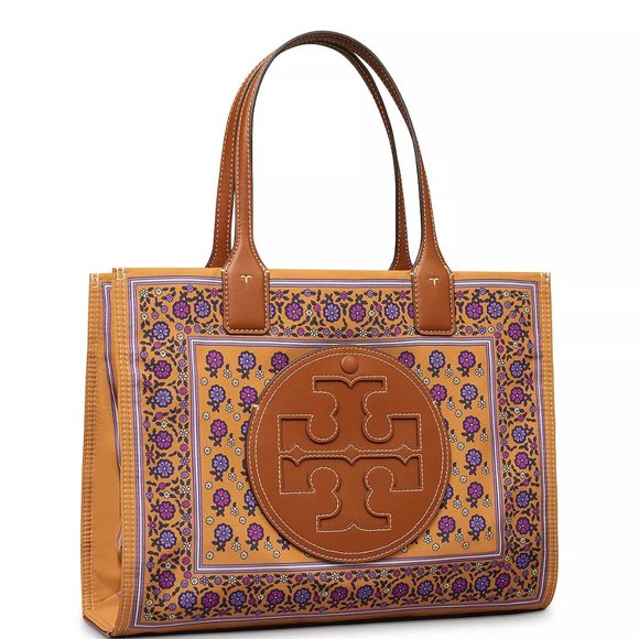 Tory Burch Ella Printed Tote Bag Large Brown Floral Daisy Border + TB Gift Bag - Picture 2 of 13
